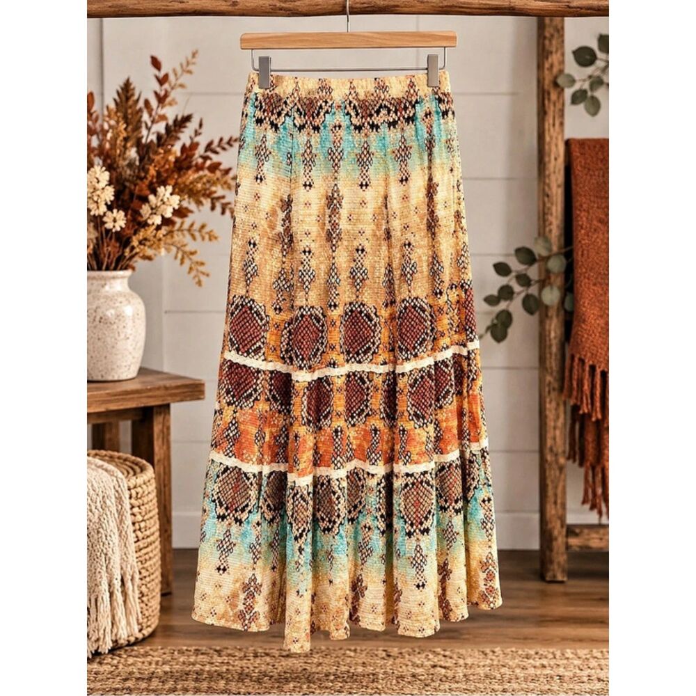 Reba Women’s Small Boho Maxi Skirt Turquoise Rust Lace Trim